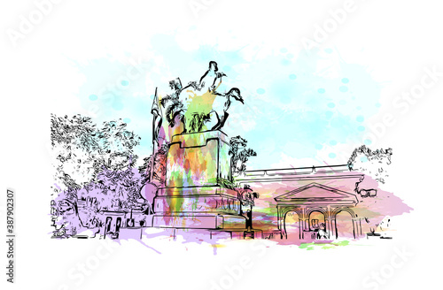 Building view with landmark of Camaguey is a city and municipality in central Cuba. Watercolor splash with hand drawn sketch illustration in vector.