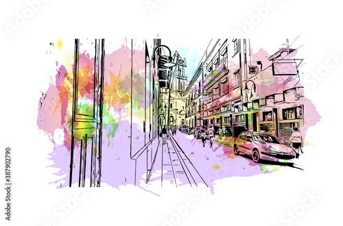 Building view with landmark of Camaguey is a city and municipality in central Cuba. Watercolor splash with hand drawn sketch illustration in vector.