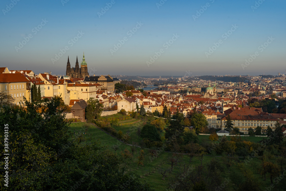 St. Vitus Cathedral and Prague Castle and the nearby park with trees and grass in autumn at sunset in the center of Prague