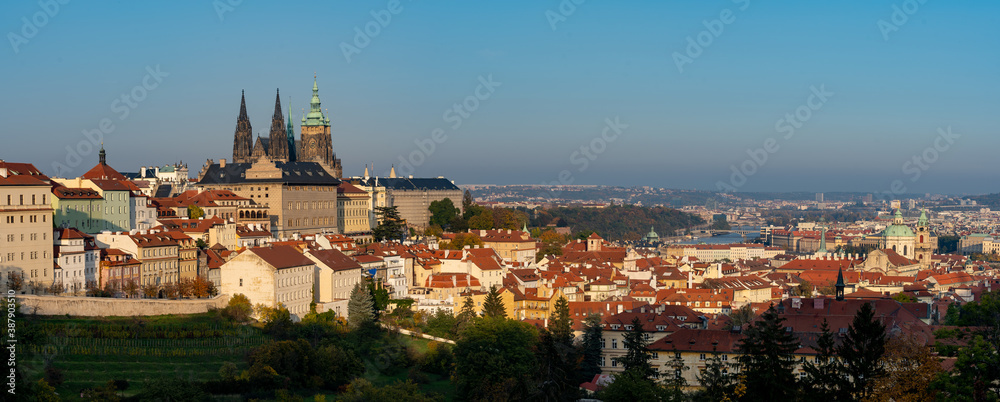the old St. Vitus Cathedral and Prague Castle and the nearby ones with trees and grass in autumn   and a sky without clouds at sunset in the center of city