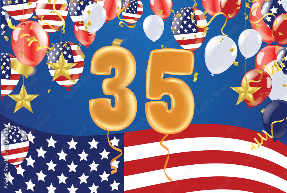 Obraz premium 35 years anniversary and birthday with template design on background colorful balloon and colorful tiny confetti pieces for celebration