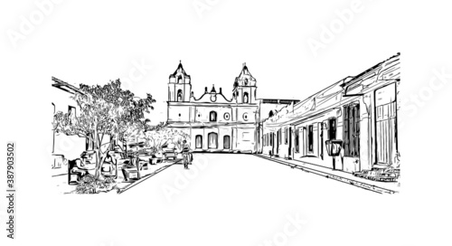 Building view with landmark of Camaguey is a city and municipality in central Cuba. Hand drawn sketch illustration in vector.