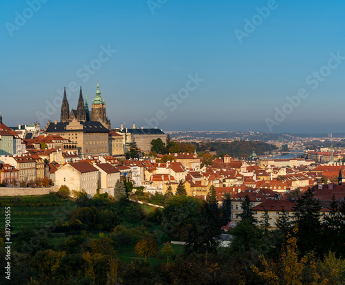 the old St. Vitus Cathedral and Prague Castle and the nearby ones with trees and grass in autumn and a sky without clouds at sunset in the center of city