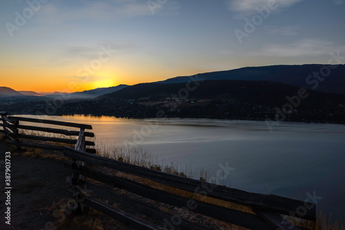 Sunrise over mountains and lake