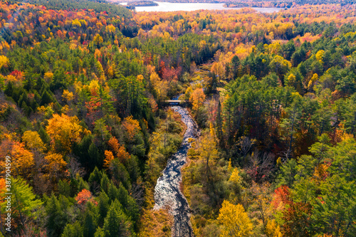 Aerial view of Winding River Through Autumn Trees with Fall Colors in New England