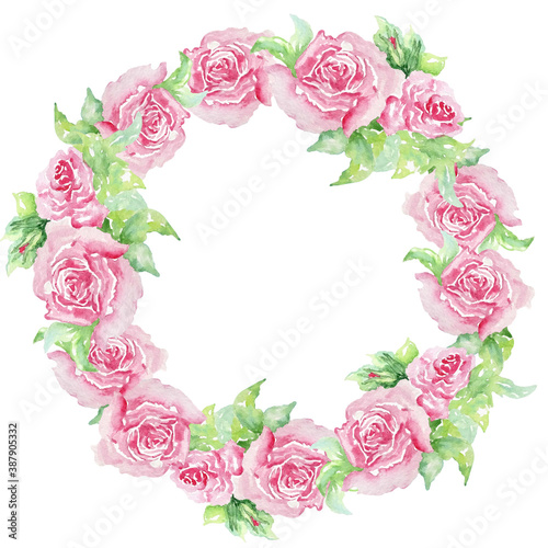 Watercolor invitation design with pink roses, leaves