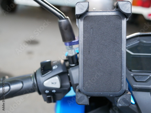 closeup of smartphone mount holder for motorcycle.