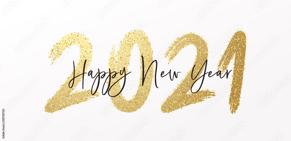 Obraz Happy New Year 2021 with calligraphic and brush painted with sparkles and glitter text effect. Vector illustration background for new year's eve and new year resolutions and happy wishes