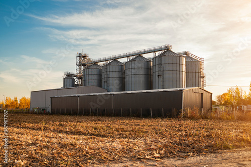 Agricultural silos next to harvested field in sunset 