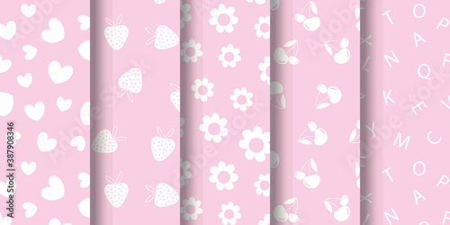 Baby girl pattern set with pink background, baby pattern background, pattern set with baby's item