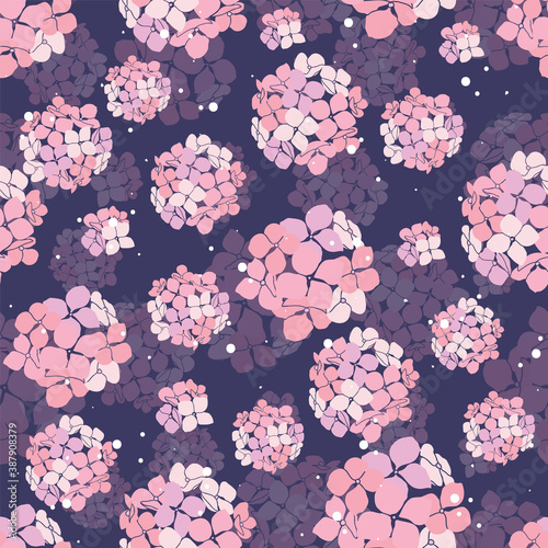 seamless pattern hand drawn pink round bouquet hydrangea flowers with dots design
