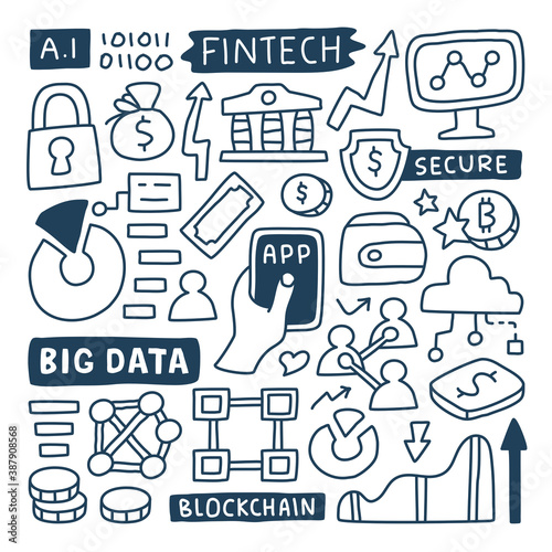 Doodle collection set of fintech element. Can use for website, graphic info etc