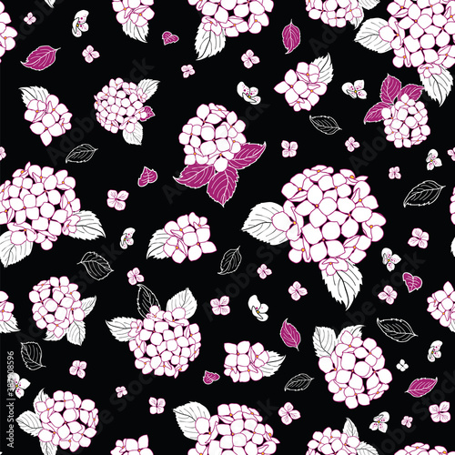 seamless pattern hand drawn white round bouquet hydrangea flowers with leavesdesign