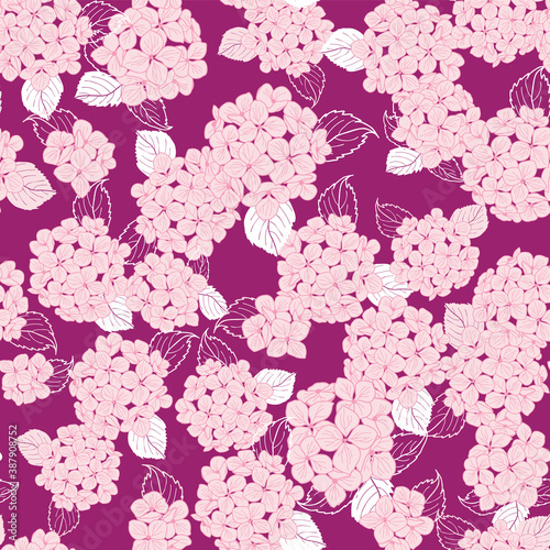 seamless pattern hand drawn pink round bouquet hydrangea flowers with leaves on white background design