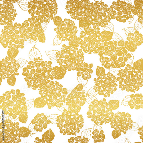 seamless pattern hand drawn gold round bouquet hydrangea flowers with leaves design