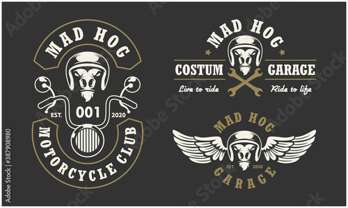 Warthog Wild Boar head auto repair and custom Garage logo. Design element for company logo, label, emblem, sign, apparel or other merchandise. Scalable and editable Vector illustration.