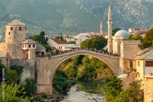 Stari Most bridge at sunset in old town of Mostar, BIH