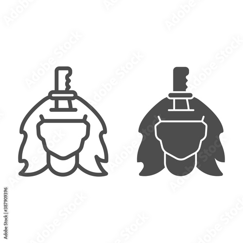 Knife in girl head line and solid icon, halloween concept, perforated head sign on white background, severed head with knife in skull icon in outline style for mobile concept. Vector graphics.