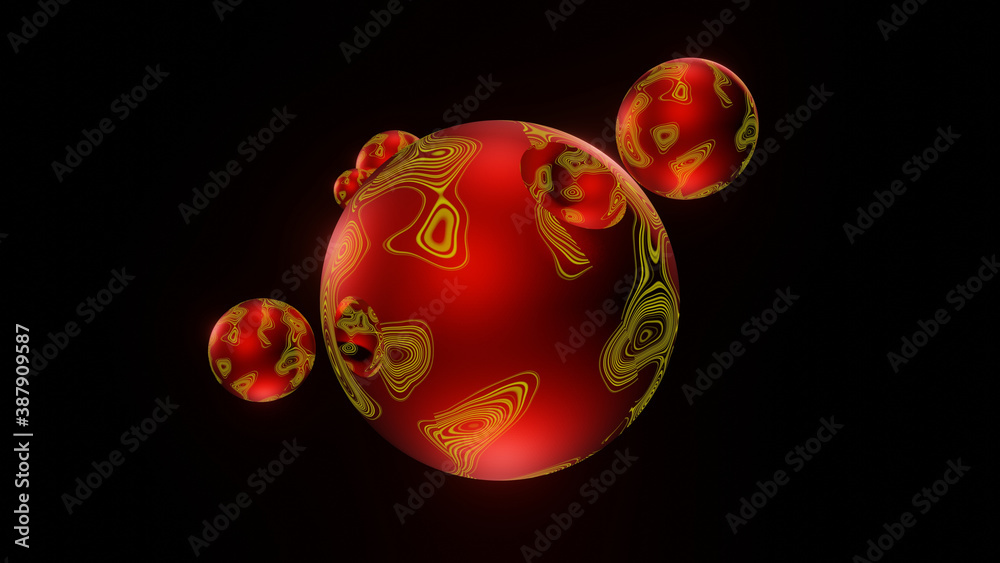3D illustration graphic of texture or pattern on five red color small spheres, which are rotating around the big sphere.