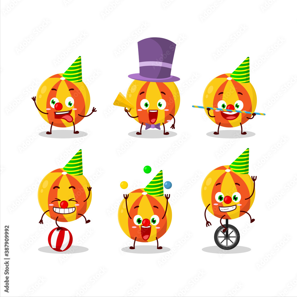 Cartoon character of yellow beach ball with various circus shows