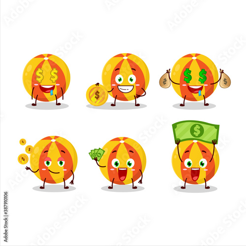 Fototapeta Naklejka Na Ścianę i Meble -  Yellow beach ball cartoon character with cute emoticon bring money