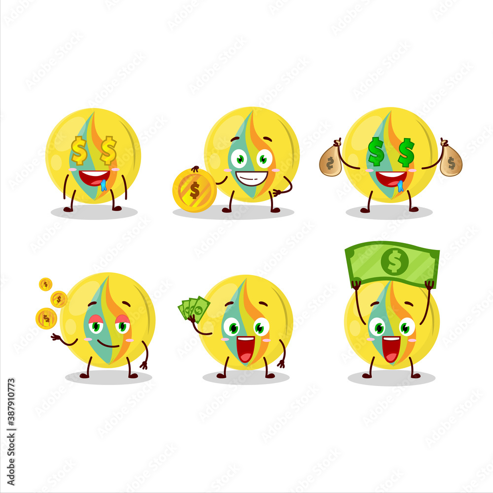 Yellow marbles cartoon character with cute emoticon bring money