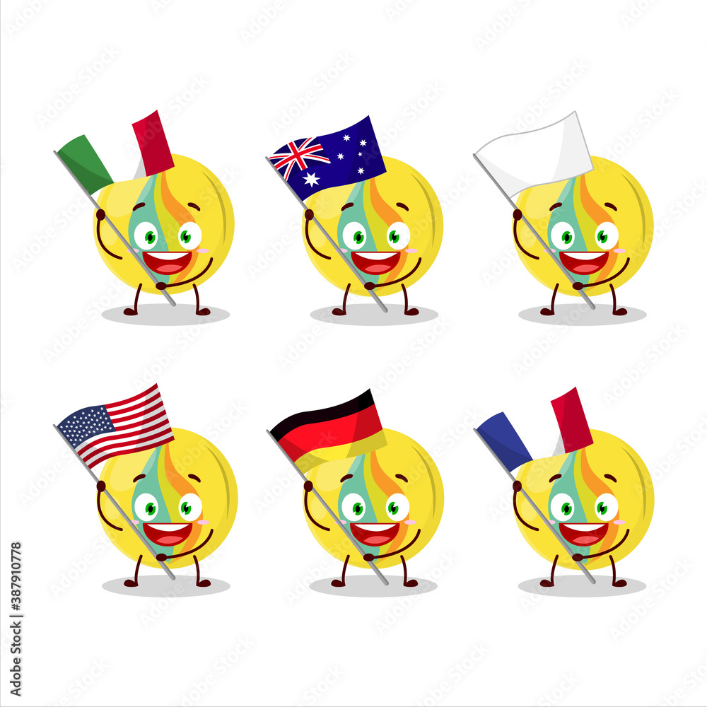 Yellow marbles cartoon character bring the flags of various countries Yellow marbles cartoon character bring the flags of various countries