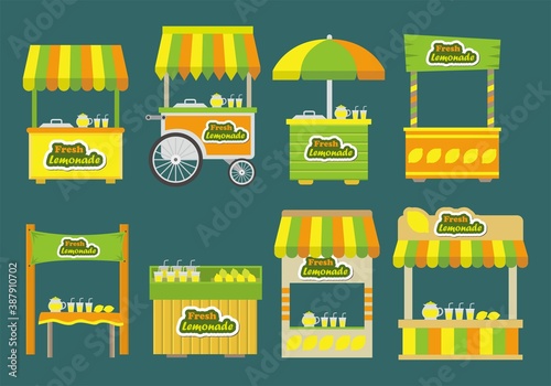 lemonade stand icons with flat design style in many different icons