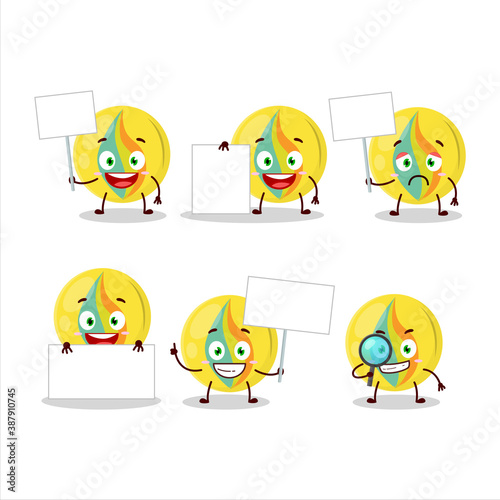 Yellow marbles cartoon character bring information board