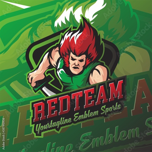 maskot  red team esport human gaming logo badge on green
