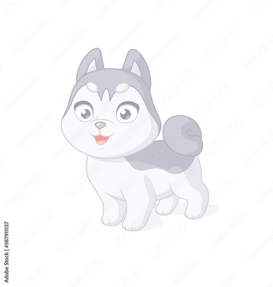 Cute husky puppy cartoon character. Vector illustration on white background.