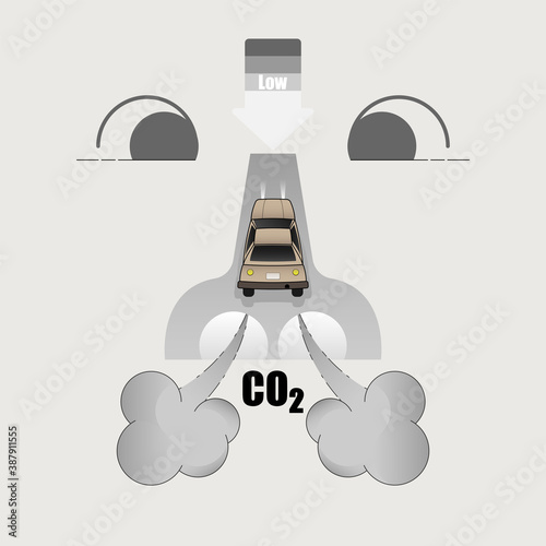 Car emitting CO2 running into the nose as a gimmick of air pollution impact on human health. Reduce carbon emission. Vector illustration outline flat design style.