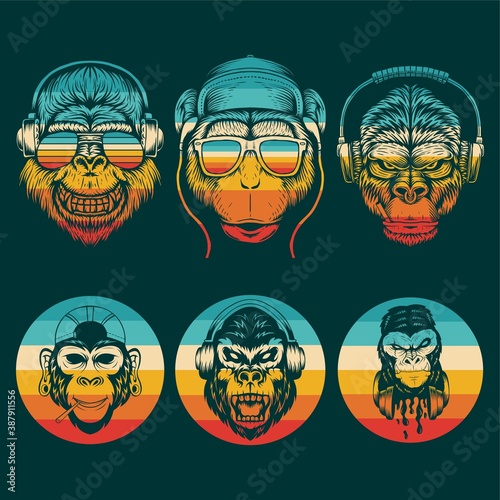 monkey music collection retro vector illustration