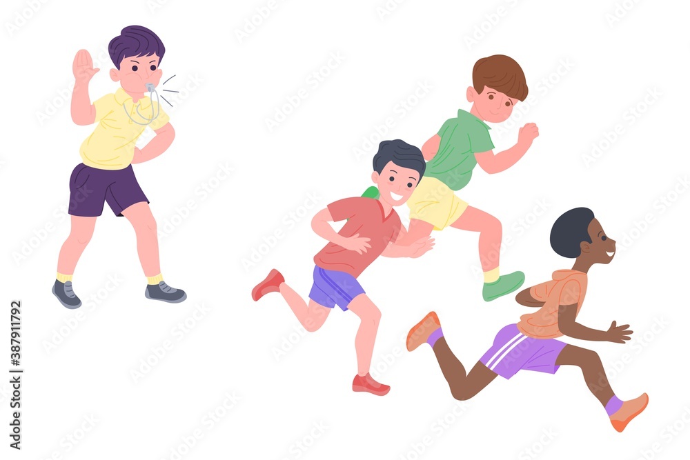 Happy children playing sports games. The boys and the girl are doing physical exercises. Children play catch-up. Active healthy childhood. Set of flat vector illustration isolated on white background Happy children playing sports games. The boys and the girl are doing physical exercises. Children play catch-up. Active healthy childhood. Set of flat vector illustration isolated on white background