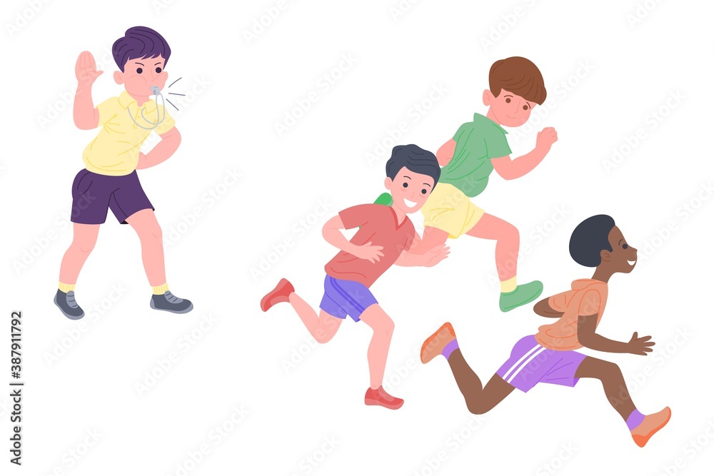 Happy children playing sports games. The boys and the girl are doing physical exercises. Children play catch-up. Active healthy childhood. Set of flat vector illustration isolated on white background