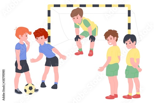 Happy children playing sport game. Boy and girl doing physical exercise. Kids playing football. Active healthy childhood. Flat vector cartoon illustration isolated on white background