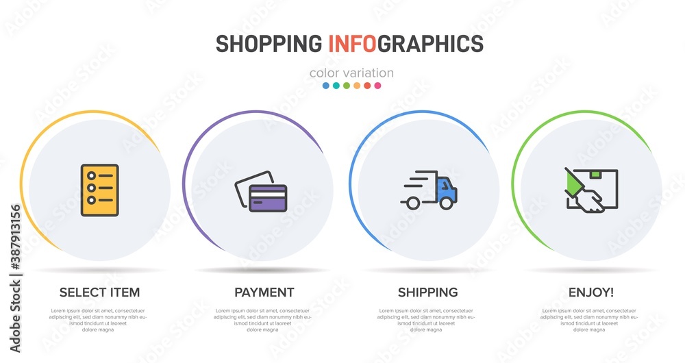Concept of shopping process with 4 successive steps. Four colorful graphic elements. Timeline design for brochure, presentation, web site. Infographic design layout. Concept of shopping process with 4 successive steps. Four colorful graphic elements. Timeline design for brochure, presentation, web site. Infographic design layout.