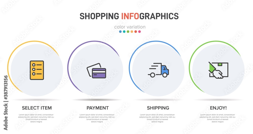 Concept of shopping process with 4 successive steps. Four colorful graphic elements. Timeline design for brochure, presentation, web site. Infographic design layout.