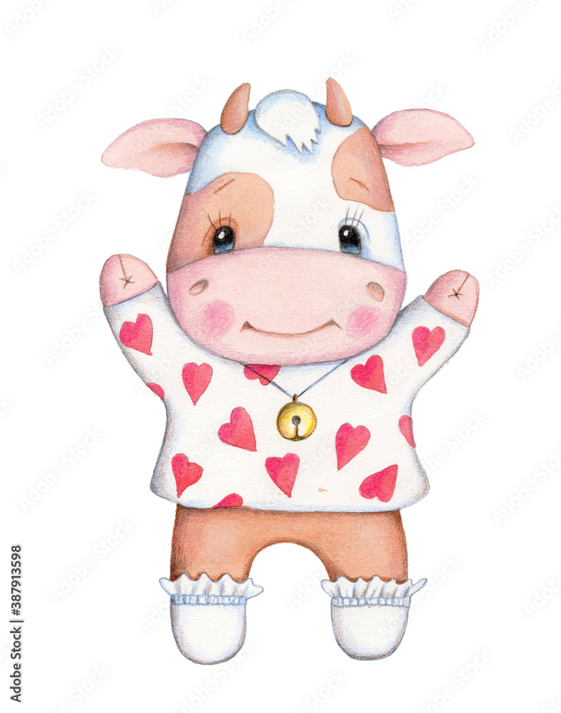 Fototapeta premium Cute cartoon cow bull calf symbol of New Year 2021. Watercolor hand drawn art, illustration, icon. Isolated.