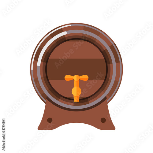 Horizontal wooden barrel isolated on white background. Barrel for storage of alcoholic beverages. Front view. Element for your design works. Flat style vector illustration.