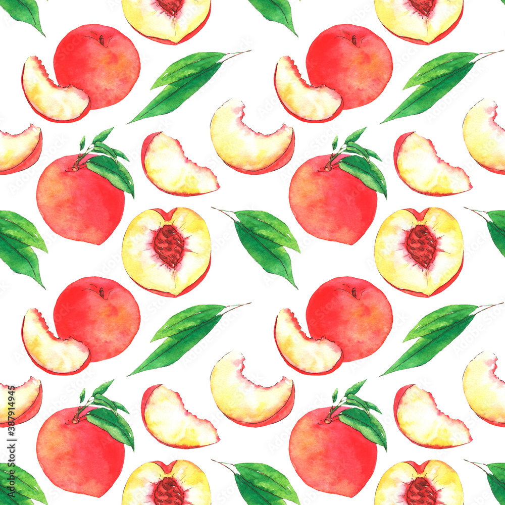 Seamless fruit watercolor pattern with peaches and leaves isolated on the white background Seamless fruit watercolor pattern with peaches and leaves isolated on the white background
