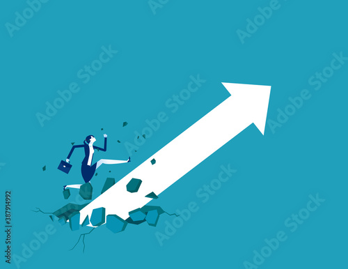 Businesswoman with growing arrow. Broke through the ground and upward