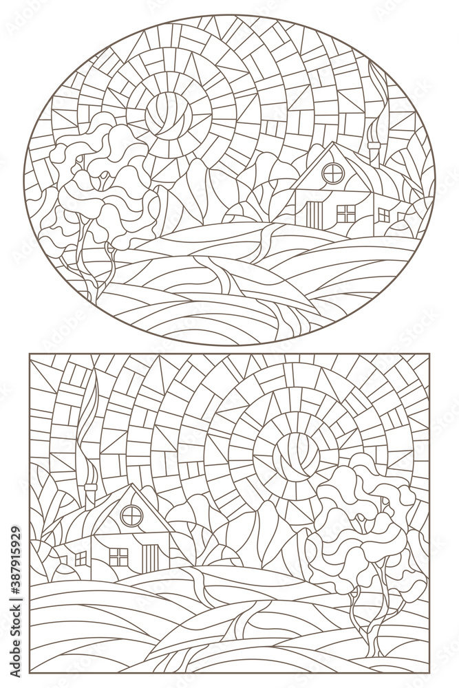 Set contour illustrations of stained glass Windows landscape , lonely house on a background of nature, dark outlines on a white background