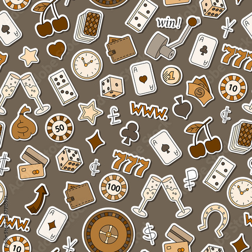 Seamless pattern on the theme of gambling and money, simple  icons on a brown background, tonr brown,monochrome