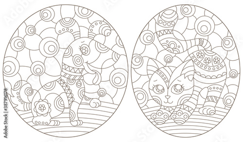 Set of contour illustrations in the style of a stained glass window with a kitten and a puppy on an abstract background, oval images, dark contours on a white background