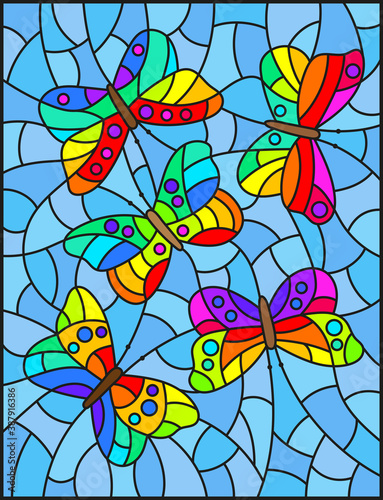 Illustration in stained glass style with abstract bright butterflies on a blue background, rectangular image
