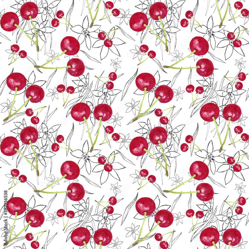 Seamless pattern-cherry on a graphic background. The work is done in watercolor. Can be used for wallpaper, fabric, covers, wrappers, digital paper. Seamless pattern-cherry on a graphic background. The work is done in watercolor. Can be used for wallpaper, fabric, covers, wrappers, digital paper.