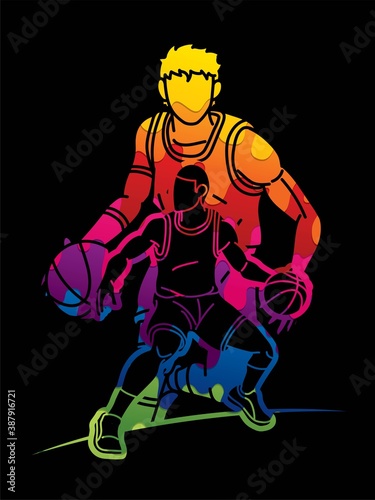 Group of Basketball players action cartoon sport graphic vector.
