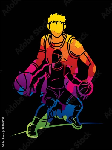 Group of Basketball players action cartoon sport graphic vector.