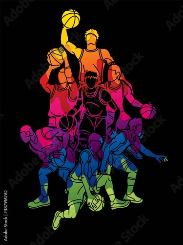 Group of Basketball players action cartoon sport graphic vector.